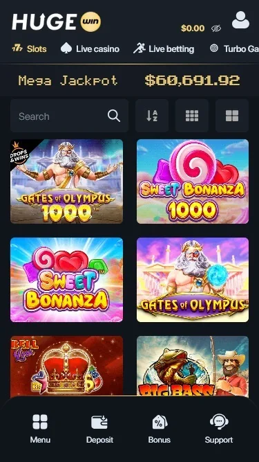 Το lobby του HugeWin σε κινητό
